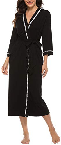 Vlazom Dammorgonrock, V-ringad badrock, mjuk kimono, nattkläder med fickor och bälte, basturock, pyjamas, S–XXL, Stil B-svart, XXL