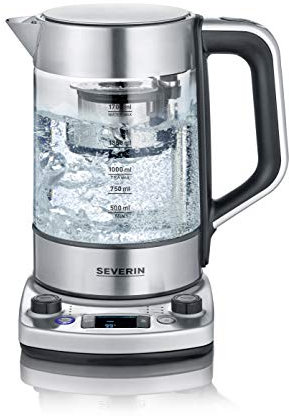 SEVERIN Tea Maker mit Auto-Liftfunktion, Wasserkocher mit Temperatureinstellung und Quick-Boil-Funktion, Glas Wasserkocher für bis zu 1,7 l Wasser oder 1 l Tee, Edelstahl gebürstet/schwarz, WK 3422