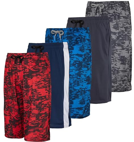 Real Essentials 5-Pack Boys' Dry-Fit Active Athletic Performance Basketball Shorts with Pockets, XL (16-18)