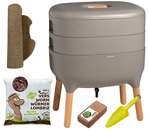 Moutta | Urbalive 2 Schalen Grau, Komplettset I Design Wurmkomposter I 250g Kompostwürmer / 500 STK. I Startersubstrat I Hanfmatte + Schaufel I Innenraum, Balkon und Garten