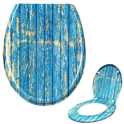 Asina WC Sitz mit Absenkautomatik und Fix-Clip Befestigung Einfache Montage Oval WC-Deckel Duroplast Toilettensitz(Blau Holz)