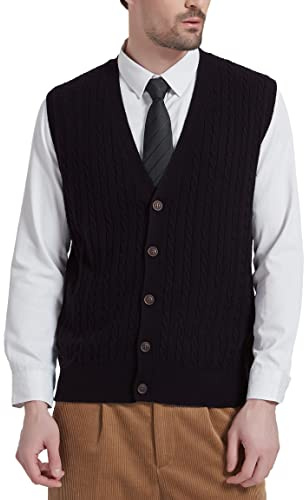 Kallspin Men’s Wool Blend Sweater Vest Cable-Knit Button Front Sleeveless Cardigan Smart Casual Jumper Knitwear(Black, 4XL)
