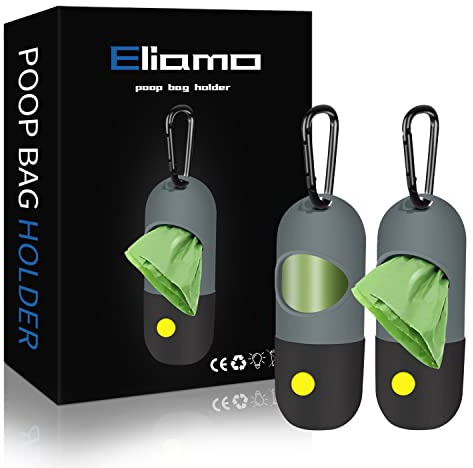 2 Pack Dog Poop Bag Dispenser with Built-in LED Flashlight, Pet Waste Bag Holder for Leash with Carabiner Clip for Lead Leash, 2 Rolls Leak-proof Doggy Waste Bags for Dog Walking, Grey