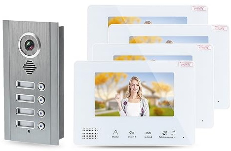 Video intercom doorbell, 7in Screen, BUS 2 Wire Video Doorbell Camera, Direct Press Type Color Display Two Way Intercom Night Vision Weatherproof AC 100‑240V(Direct press 4 households (SY828NMJA4))