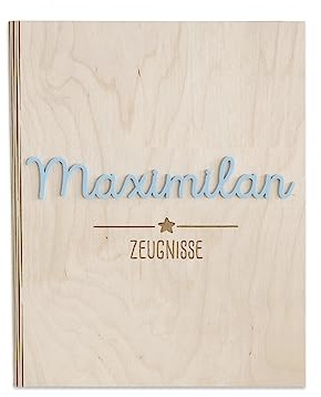 Personalisierte Zeugnismappe aus Birkenholz mit Acryl Namen - Individuelles Geschenk zur Einschulung - DIN A4 - Zeugnisringbuch Mädchen & Jungen - hellomini (Stern blau)