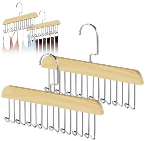 Gürtelhalter Kleiderschrank, 2 Stück Holz Kleiderbügel Krawattemhalter, 360° Drehbar Krawattemhalter, Qualitäts Kleiderbügel Platzsparend mit 8 stabilen Haken, für Gürtel, Fliege, Schal und Hut