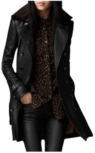 VIVICOLOR Gabardina de Cuero Negro para Mujer Chaquetas de Cuero PU de Longitud Completa Largas para Mujeres, M-3XL, 7 (Reino Unido), M