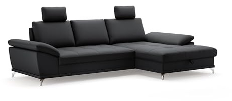 Cavadore Ecksofa Castiel mit Federkern / Eckcouch mit XL-Longchair, Bett, Bettkasten, Sitztiefenverstellung, Kopfstützen und mattschwarzen Metallfüßen / 301 x 89-114 x 176 / Echtleder, Schwarz