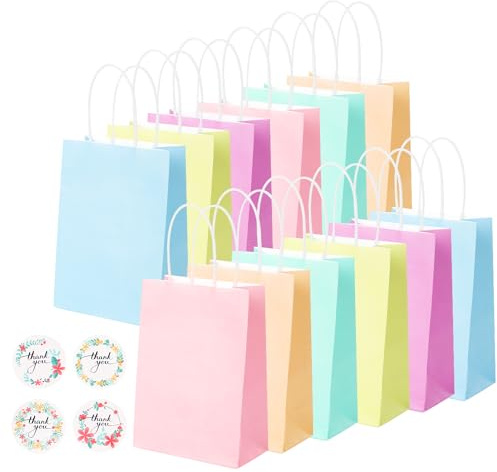 NADSSJL 30 Pcs Coloured Party Bags, Gift and Sweet Bag with Handles, Paper Bags with Stickers, Kraft Bag for Kids Party, Celebrations, Baby Shower, Birthday, Halloween -16 x 8 x 22 cm