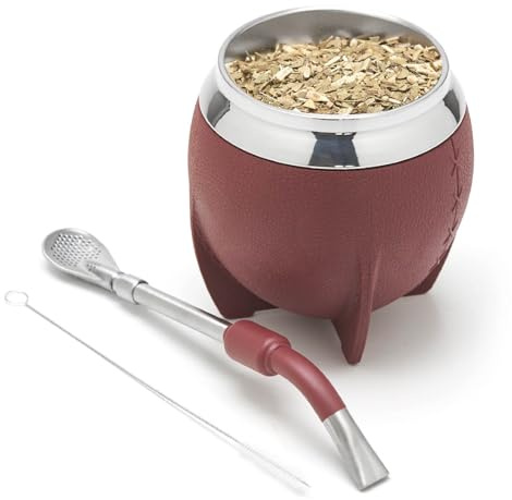 BALIBETOV Yerba Mate Cup And Bombilla Set, Includes Stainless steel Yerba Mate Gourd, Premium Bombilla Mate and Cleaning Brush (Burgundy)