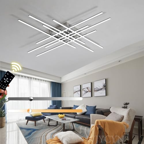 WJYCYN LED Linear Deckenleuchte Dimmbar Chrom Design Wohnzimmer Leuchten Unterputz Deckenlampe 3000-6000K Mit Fernsteuerung Schlafzimmer Esszimmer Pendelleuchte (Groß Ø120cm 95W)