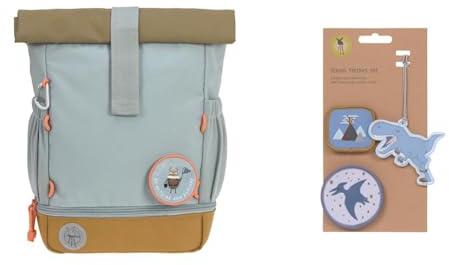 LÄSSIG Kindergartenrucksack Kinderrucksack Rolltop mit Brustgurt wasserabweisend & Anhänger und Patches Set (3 Stk.) mit Druckknopf/School Patches Set Dinosaur