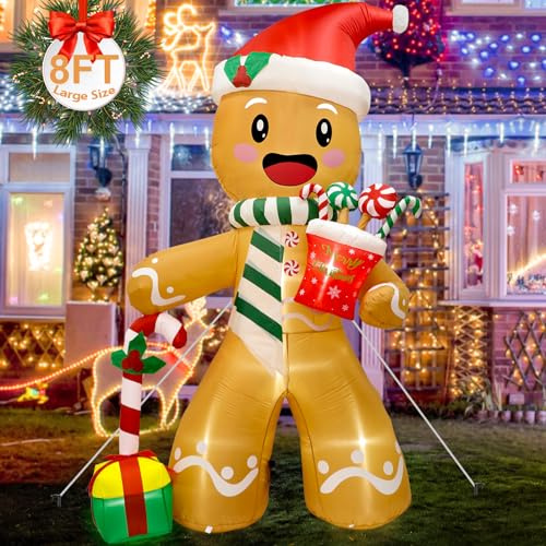 GUDELAK 244 cm Aufblasbare Weihnachtsdeko Außen, Lebkuchenmann Weihnachtsdeko Aufblasbar mit LED Leuchten, Weihnachten Aufblasbar Lebkuchenmännchen mit Geschenke Weihnachten für Hof Rasen Garten