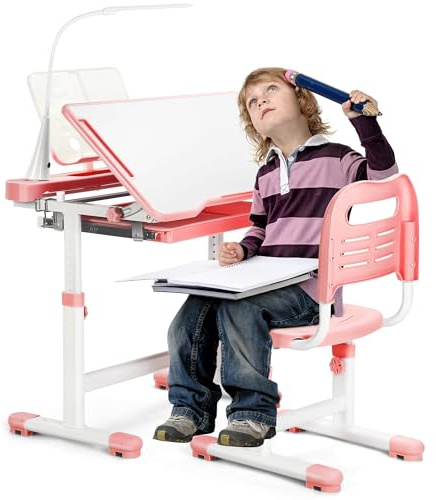 Rengue Kids Desk and Chair Set, Height Adjustable Children School Functional Study Desk with 55° Tiltable Desktop, 3 Modes & Brightness LED Light, Storage Drawer & Metal Hook for Boys Girls (Pink)