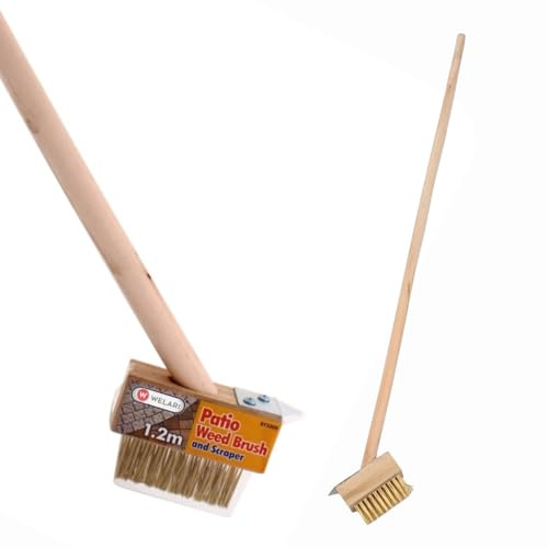 Welari Weed Brush and Scraper for Patio Driveway Block Paving 120cm Long Wooden Handle Moss Remover Groove Cleaning Wire Bristle Garden Path Tool | Pack of 1