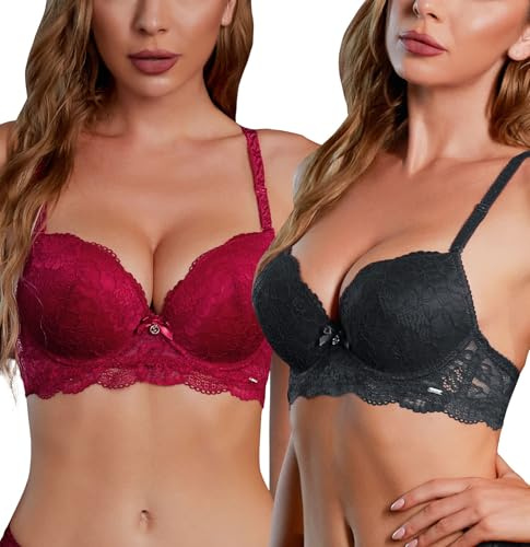 SHEKINI Women's Lace Bra Set 2 Pack Push Up Underwire Bras Demi Cup Support Everyday Bralette Underwear 3 Hooks Brassiere, 75C