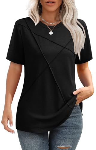 Short Sleeve Tops for Women Plus Size Summer Outfits Crewneck Tunic Tops for Leggings Loose Plain T Shirts Beach Vacation Women's Clothing Fashion Black XXL