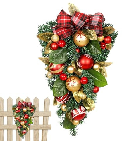 Couronne De Noel en Forme De Larme, 50 * 30 Cm Couronne De Noël, Guirlande De Noël Artificielle, Couronnes De Larmes pour Porte D'entrée Décor De Fenêtre Murale Extérieure Couronne Fleurs Suspendre