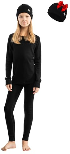 Merino.tech Conjunto Lana Merino Ninos - Medio Ropa Termica Lana Merino Niño y Niña Camisa, Pantalones, Gorro (158-164, Black)