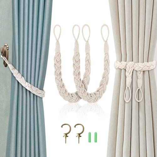 Abrazaderas Cortinas 2pcs Tejer a Mano Tiebacks con Gancho de Metal Recoge Cortinas Agarrador Cortinas Algodón Natural para Cortinas del Hogar y Decoración
