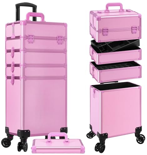 Arous rullande makeup tågfodral 5 i 1 kosmetisk vagn organiserare resa låsbar salong frisörvagn bagageutrymme med hjul för kvinnor frisör konstnär trave spik, Rosa, 5 i 1 rullande makeupfodral