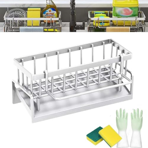 ZHKVAG Slope Sink Drain Rack, 2025 Upgraded Kitchen Sink Caddy with Drain Tray, 4 in 1 Soap Dish Holder for Countertop Sink Organizer, Kitchen Gadgets Dish Self Draining Sponge Holder (White)
