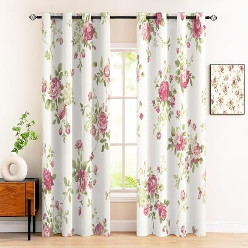 GDJSMIN Blackout Thermal Curtains Eyelet, Rose Flower Pattern Curtains For Living Room Window,Blush Pink, W 34 X L 45, 2 Panels