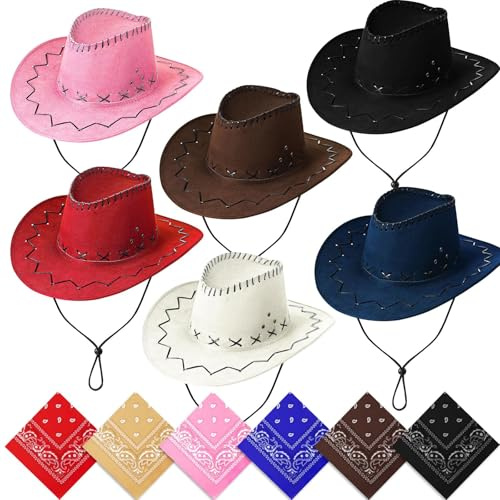ASMIZ Lot de 6 Chapeaux de Cowboy et 6 Bandanas, Accessoires Western pour Homme et Femme, Costume pour Fête à Thème, Halloween, Enterrement de Vie de Jeune Fille