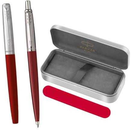 Parker Jotter Originals Red Geschenkset - Füllfederhalter (M) + Kugelschreiber + Metall Geschenkbox + Samtbeutel - Klassisches Retro Schreibset - Geschenk für Männer, Frauen, Büro, Business