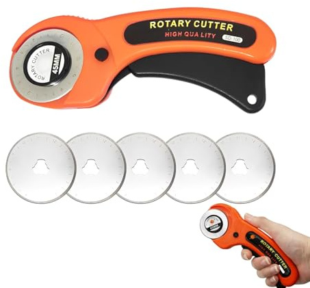 Rollschneider Stoff Mit 5 Ersatzklingen,Stoffschneider Rollschneider, Stoffschneider Mit Ergonomischem Griff Und Sicherheitsverschluss Rollschneider 45mm Für Stoff, Leder, Basteln (Orange Farbe)