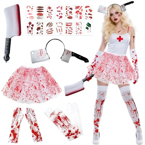 DéDéguisement Infirmière Sanglante Halloween, 6 Pièces Deguisement Zombie Femme Accessoires avec Jupe Tutu Sanglante, Machette Halloween, Costume Infirmière Halloween Carnaval Party au Thème Cosplay