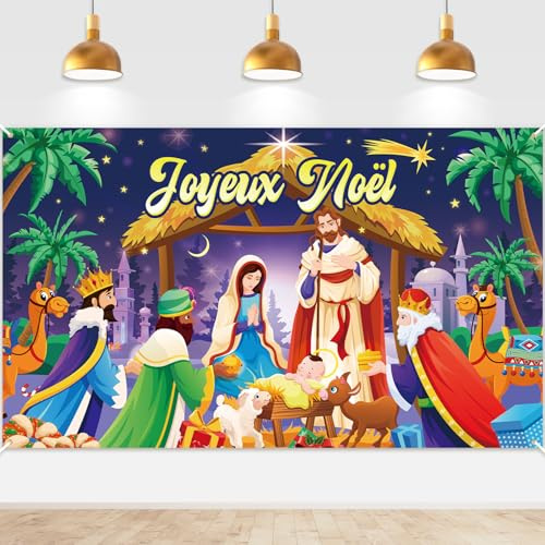 DPKOW Décoration Crèche de Noël Joyeux Bannière en Tissu de Fond pour Intérieur Extérieure, Décoration Noël Joyeux en Français, Bannière Personnage Creche de Noel Chrétien, 185 x 110 cm