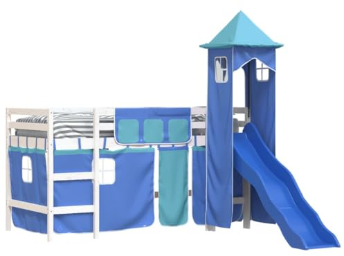 CelticHearth Kinder Hochbett mit Vorhänge, Rutsche & Turm – Massivholz Kiefer – Blau, Rosa, Schwarz – 80x200 cm, 90x190 cm, 90x200 cm – Kinderbett Spielbett für Jungen und Mädchen