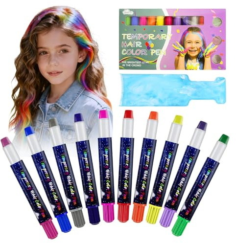 10 Farben Haarkreide Set für Kinder, Temporäre Haarfärbe-Stifte, Haarkreide für Mädchen, Auswaschbare Haarfarbe, Ideal für Geburtstage, Halloween, Weihnachten, mit Blaue Haarfärbepalette