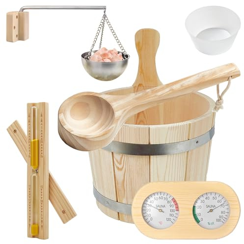 Secchiello da Sauna in Legno, Secchio in Legno 5 Litri con Inserto in Plastica Termico, Igrometro, Ciotola per Sauna Mestolo e Clessidra Tempo Set Accessori per Saune