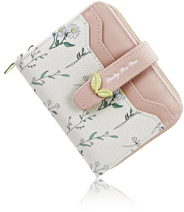 Andiker damplånbok, mjukt PU-läder med blommönster, liten damplånbok med 5 kortplatser och dragkedja myntbörs för dagligt bruk, rosa, 11,5 x 9 x 3,5 cm, Samtida