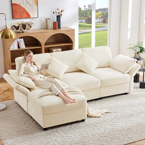 Sofá esquinero convertible en L con reposapiés, sofá de 3 plazas, tejido relajado, sofá convertible de 3 plazas, 4 cojines, reposabrazos ajustables, tejido chenille confortable (beige + chenille + 4