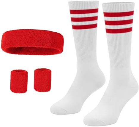 Lufdegim Schweissband und Socken Set, 80er 90er Jahre Schweißband Gestreiftes Stirnband, Armband, Gestreifte Hohe Socken für Damen Herren Sport Laufen Radfahren Karneval Kostüme Party