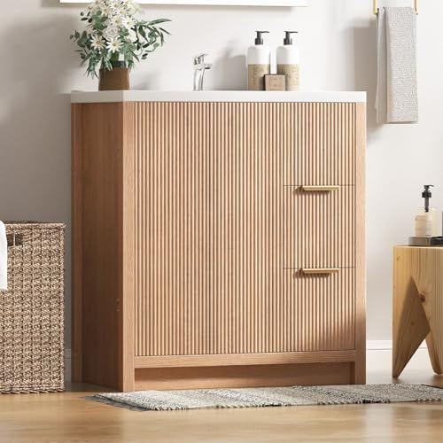 Waschbeckenunterschrank 80 cm mit Keramik Waschbecken, Natur Holzoptik | Waschtisch mit Unterschrank, 2 Türen und Stauraum, Badmöbel Set mit weißem Keramikbecken für Badezimmer und Gäste-WC