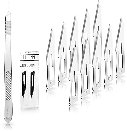 Set 10 Stück Skalpellklingen Figur 11 Karbonstahl Ersatzklingen einzeln steril verpackt 1x May Skalpell-Halter 21 cm lang Edelstahl | Großes Schneidewerkzeug für Bastler und Fußpflege. Optimal für tiefe Arbeitsbereiche.