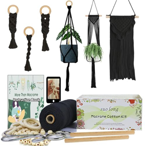 Suo Long Cordón de cuerdas de macramé de 3 mm negro con cuentas de madera para colgadores de plantas