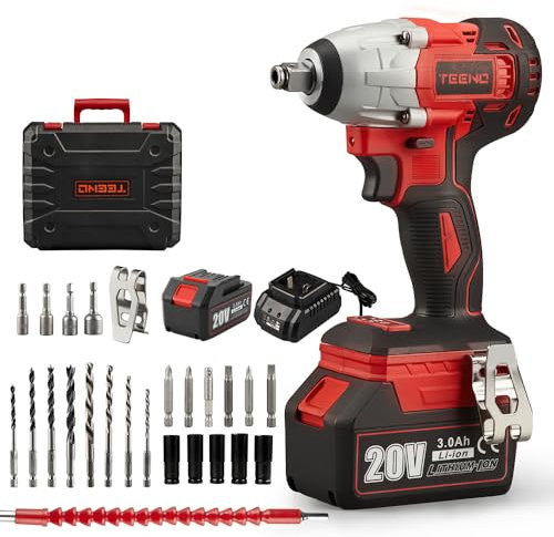 TEENO. 20V Brushless Lithium-Ion Impact Wrench 3.0Ah Batteries, Charger, 3pcs Sockets, 1/2 Inch, 320NM (One Battery)
