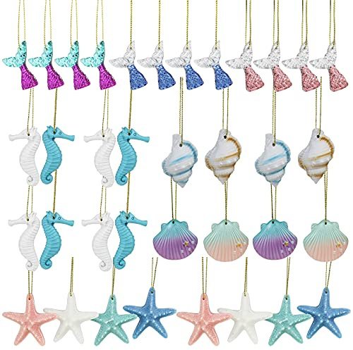 LJY 36 Hanging Resin Coastal Ornaments, 5 Shapes, Multicolour | 12 fish tails, 8 starfish, 8 seahorses, 4 seashells, and 4 conchs, each with a hanging cord