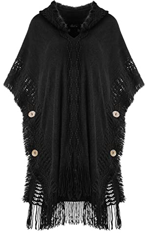 Ferand Poncho Donna Calda Mantella con Cappuccio e Graziosi Orli con frange, Scialle Elegante con Bottoni Decorativi - Taglia Unica - Nero