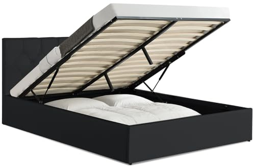 IDMarket - Lit Coffre Double Austin 140 x 190 cm PVC Noir | Avec tête de lit et sommier