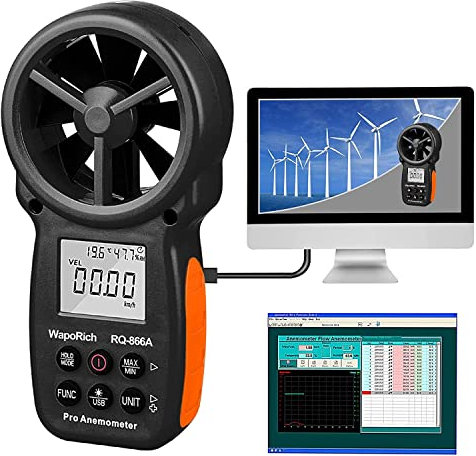 Digital Anemometer CFM Meter, WapoRich Handheld Wind Gauge - PC Data Sync for Accurate Analysis - Measures Wind Speed/Air Flow/Humidity/Temp/Dew Point for HVAC, Drone, Shooting, Sailing - RQ-866A