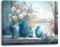 Piy Painting Impression sur Toile Bleue, Fleurs dans un vase Décoration Murale Peinture à l’huile Déco d'art Murale Tableaux Déco Toile pour Maison Bain Salon Chambre 1 panneau 40x30CM Encadré