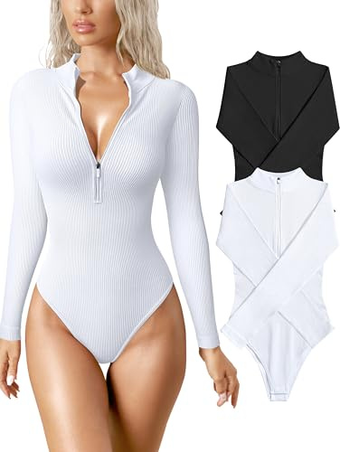 OQQ 2-teiliger Damen-Body Sexy Gerippt Einteilig Reißverschluss Vorne Langärmelig Oberteil Bodys Schwarz Weiß