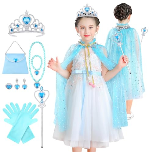 Aomig Ensemble de cape de princesse 11 pièces, vêtements de cape de princesse avec couronne, baguette, bijoux et sac, vêtements de princesse pour filles