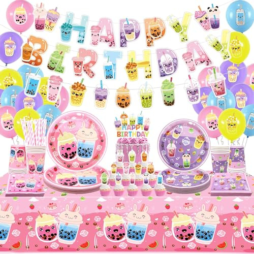 Obussgar mjölk te födelsedagsfest dekorationer – Bubble Tea Party Supplies innehåller banderoller, tårttoppar, tallrikar, koppar, servetter, ballonger, bordsduk – serves 20 (banderoller)
